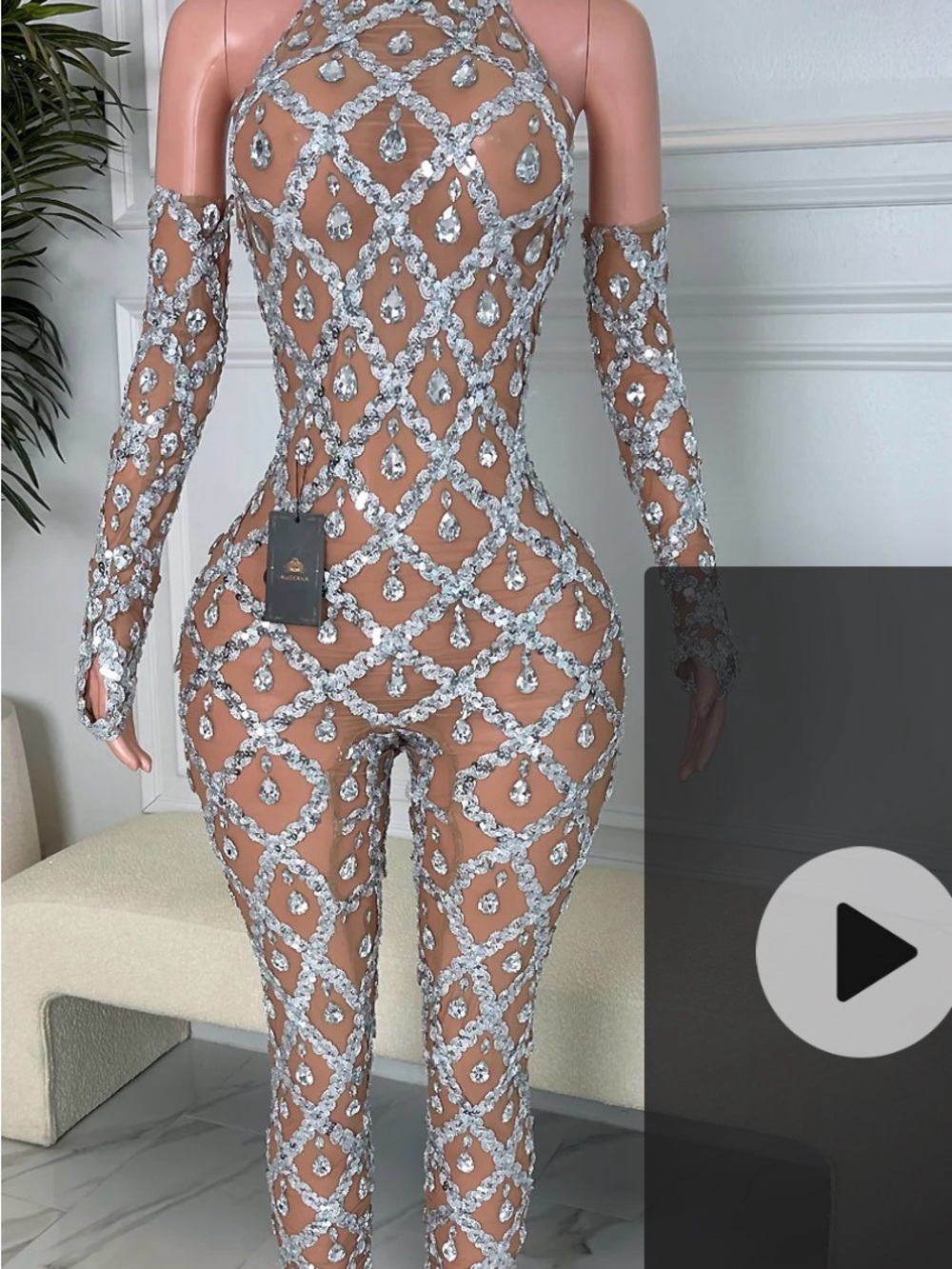 Nude Sheer Rhinestone Embellished Jumpsuit - Picture 1 of 3